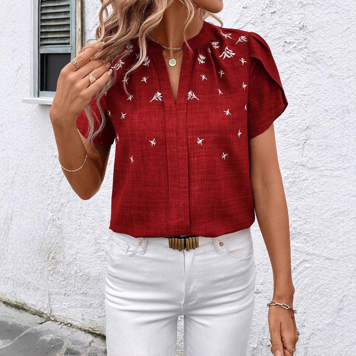 Damen Kurzbluse aus Leinenoptik mit Stehkragen, Zierfalte und floraler Stickerei Drune