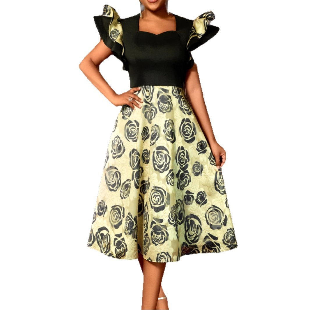 Damen Elegantes Blumenmuster Kleid mit Rüschärmeln Drune