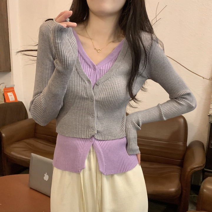 Damen Cropped Cardigan mit feinem Rippmuster und V-Ausschnitt Drune