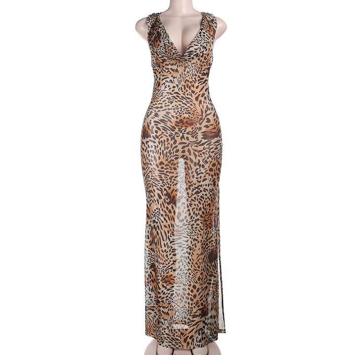 Damen Leopardenmuster Maxikleid Drune