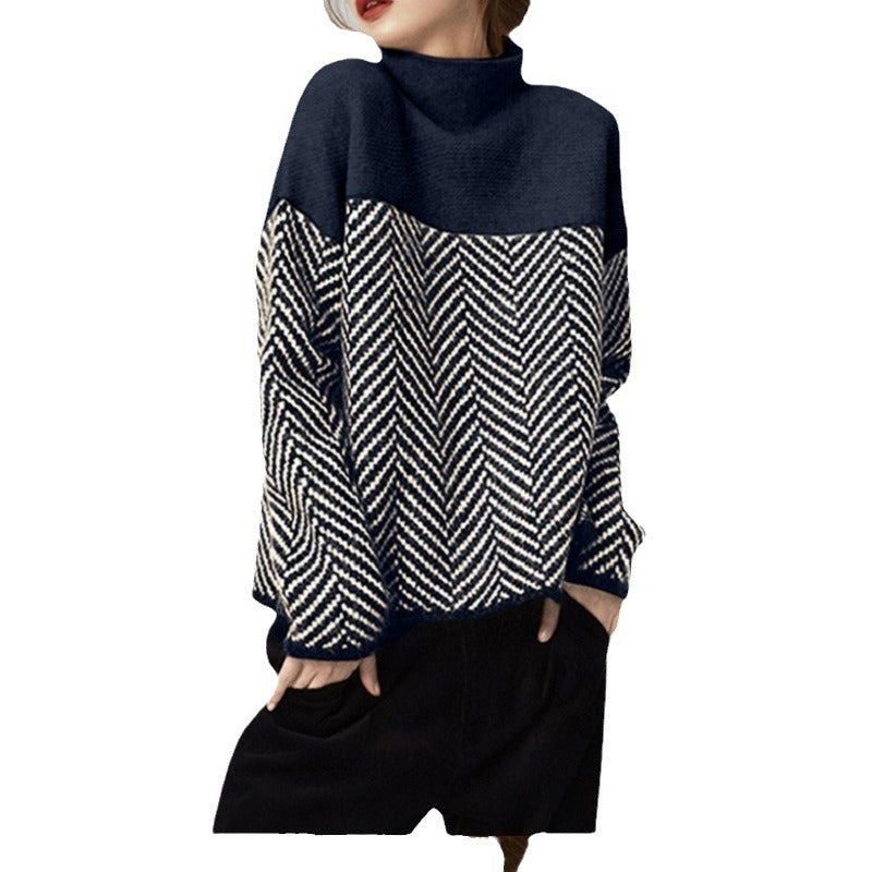 Damen Modischer Pullover mit Zickzack-Muster und hohem Kragen Drune