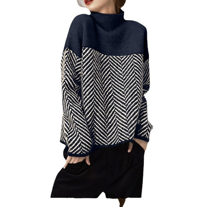 Damen Modischer Pullover mit Zickzack-Muster und hohem Kragen Drune