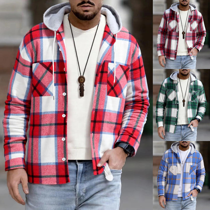 Herren kariertes Hemd Jacke mit Kapuze, Knopfleiste und Brusttaschen EB
