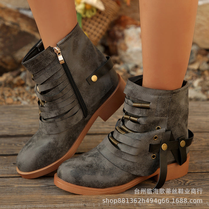 Damen Fransen-Ankle-Boots mit geschichteten Riemen und seitlichem Reißverschluss Drune