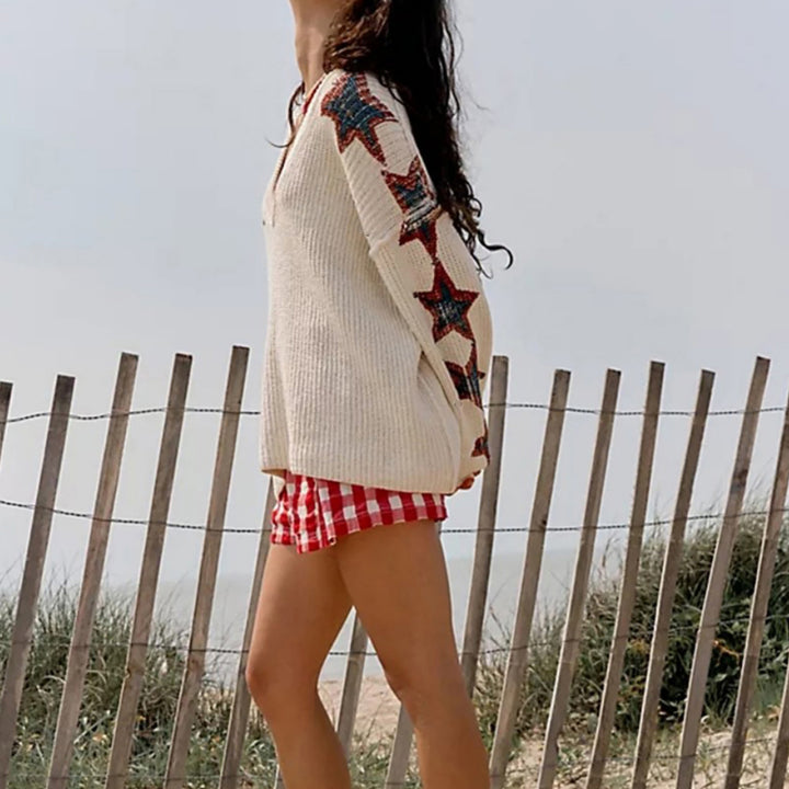 Damen Oversize-Strickpullover mit V-Ausschnitt und Sternmotiven Drune