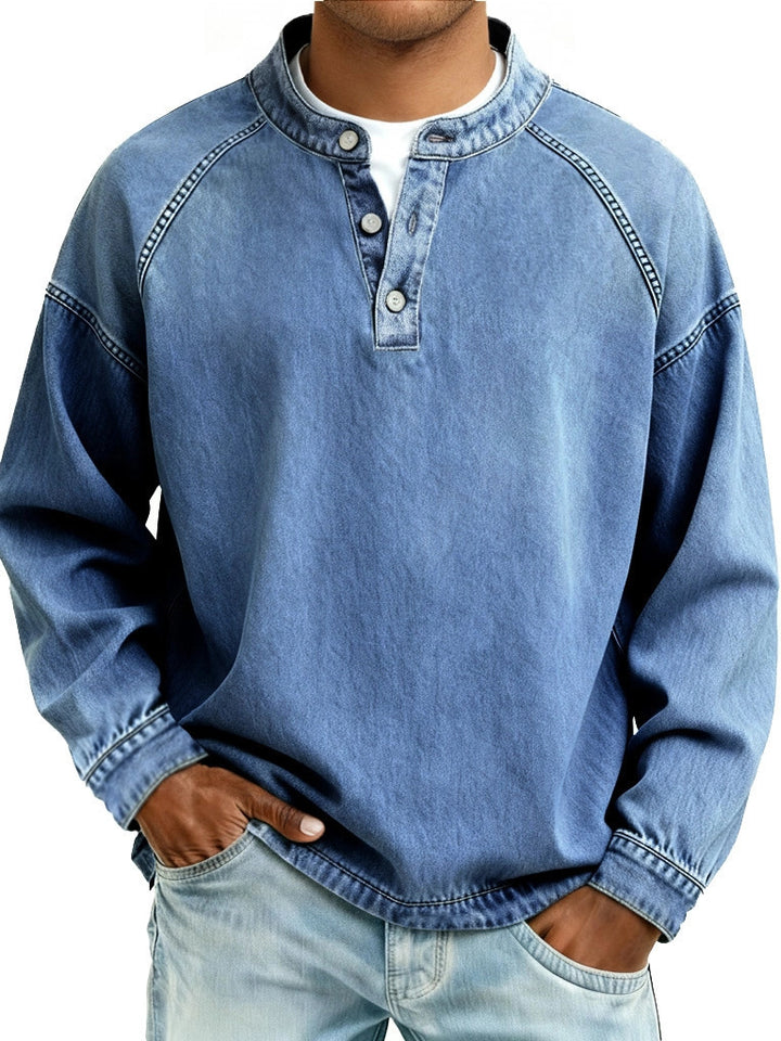 Herren nan verwaschenes Henley-Shirt mit Stehkragen, lockerer Passform und Knopfleiste Drune