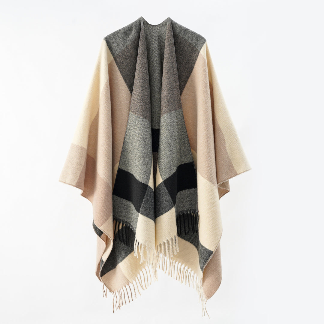 Damen Weiches Oversize-Cape aus Wollmischung mit großem Blockmuster und Fransensaum Drune
