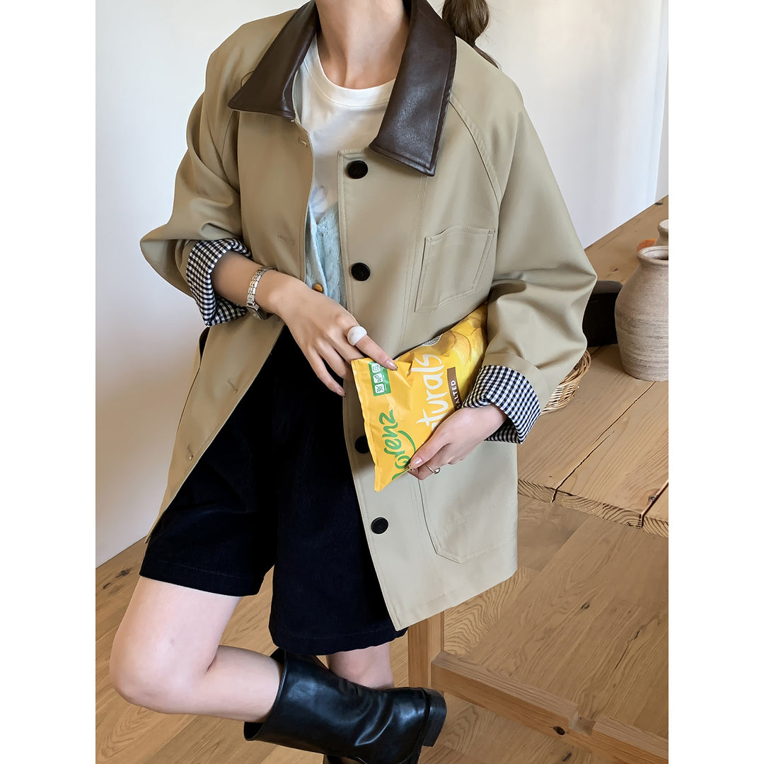 Damen Leichte Oversize-Übergangsjacke mit Kontrastkragen und kariertem Ärmelsaum Drune