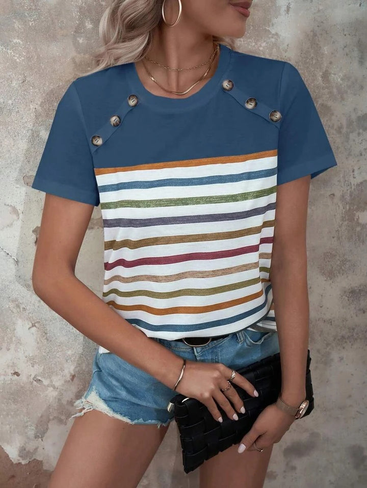 Damen gestreiftes T-Shirt mit modischen Knopfdetails und Rundhalsausschnitt Drune