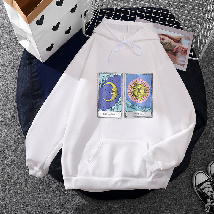 Damen nan leichter Oversize Kapuzenpullover mit Herz‑EKG‑Motiv, langen Kordeln und elastischem Bund Drune