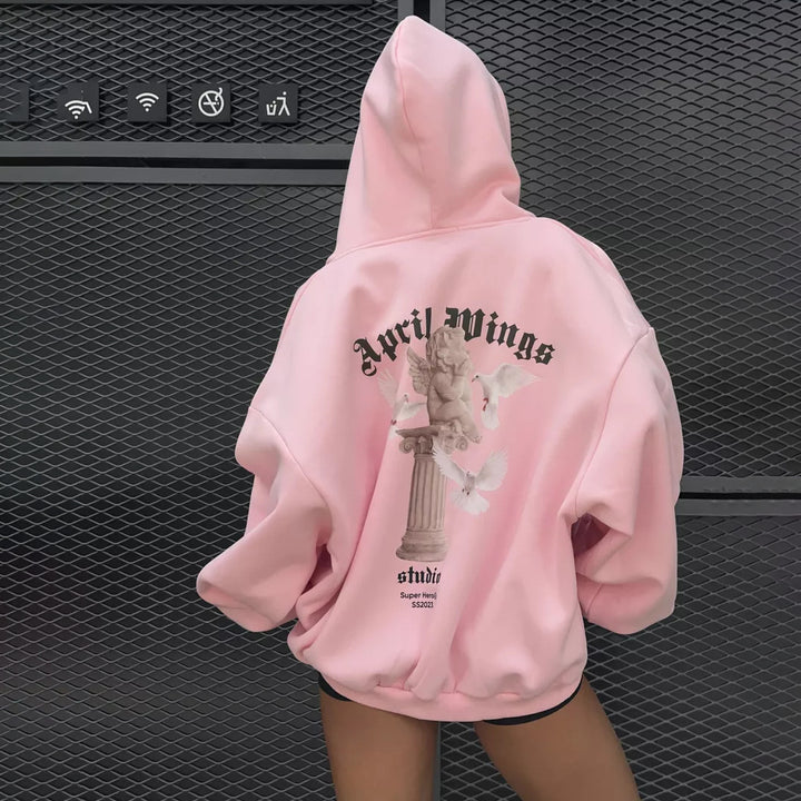 Damen oversized Kapuzenpullover mit Engels-Print und kunstvollem Rückendruck Drune