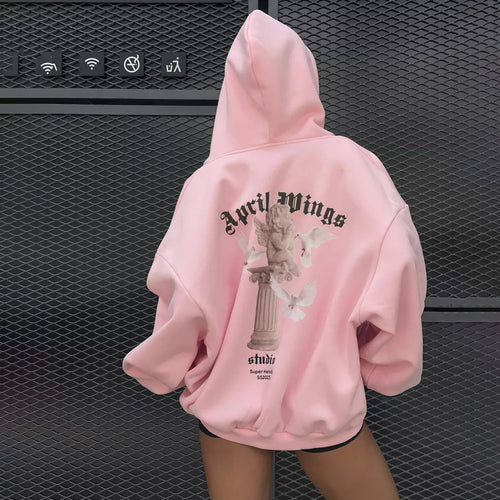 Damen oversized Kapuzenpullover mit Engels-Print und kunstvollem Rückendruck Drune