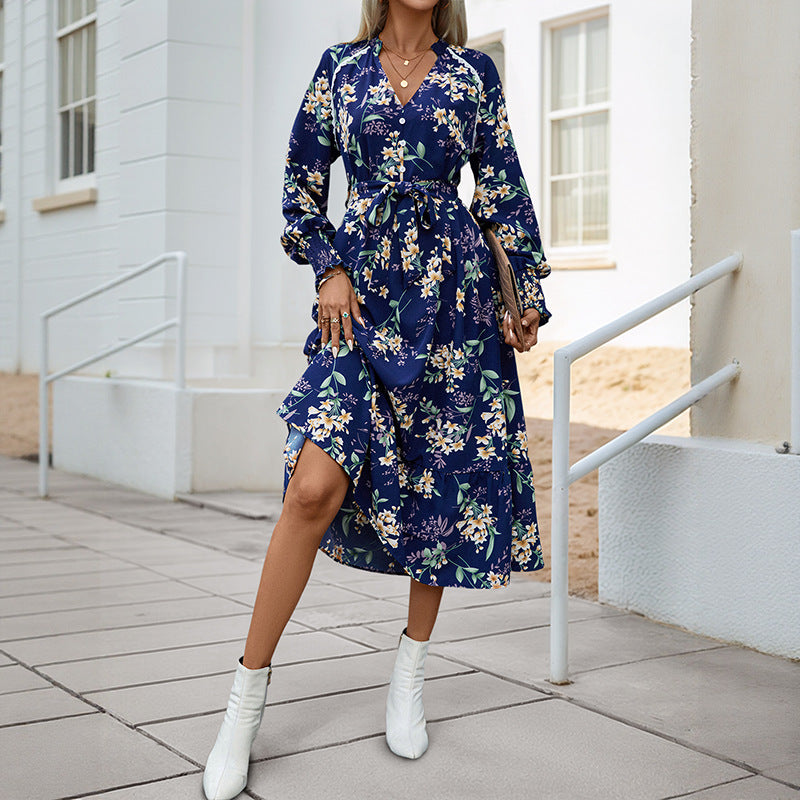 Damen Florales Langarmkleid mit Taillengürtel Drune