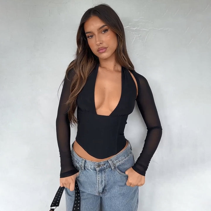 Damen Cropped-Top mit transparenten Ärmeln und tiefem V-Ausschnitt Drune