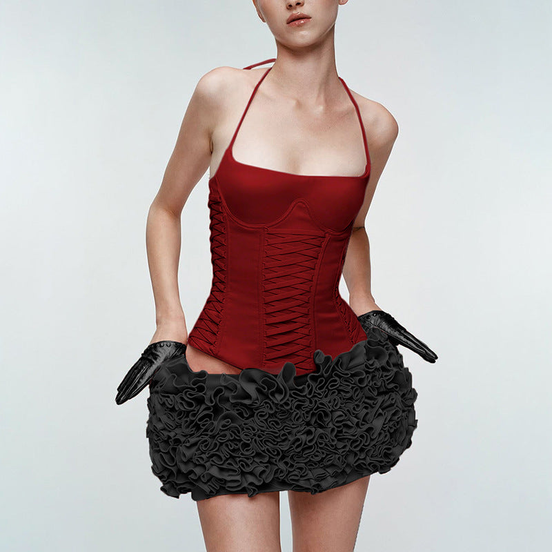 Damen Cropped Oberteil mit dekorativem Bindeband und raffinierten Rüschendetails Drune