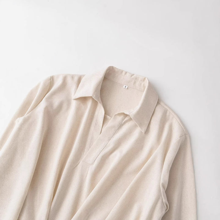 Damen Oversized-Bluse mit tiefem V-Ausschnitt und tailliertem Drapierungseinsatz Drune