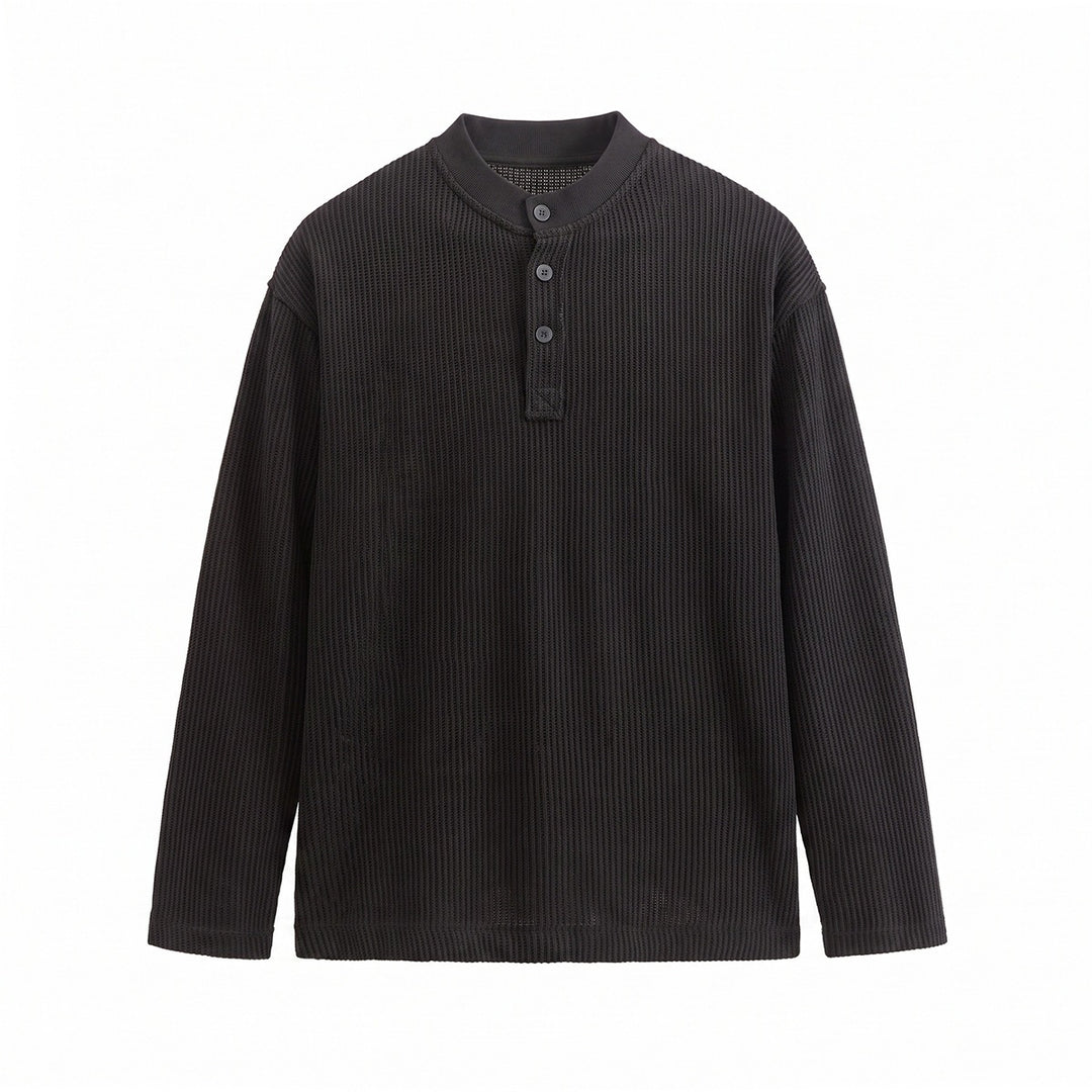Herren Waffelstrick-Henley Langarmshirt mit Knopfleiste und entspannter Passform Drune