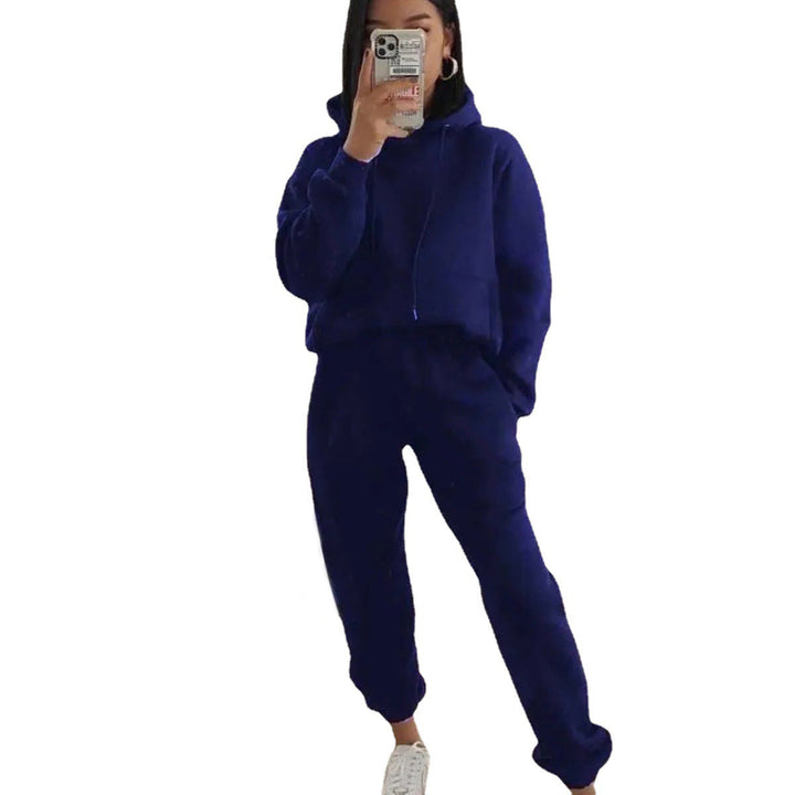 Damen lässiger Fleece-Sweatsuit mit cropped Hoodie und elastischer Hose Drune