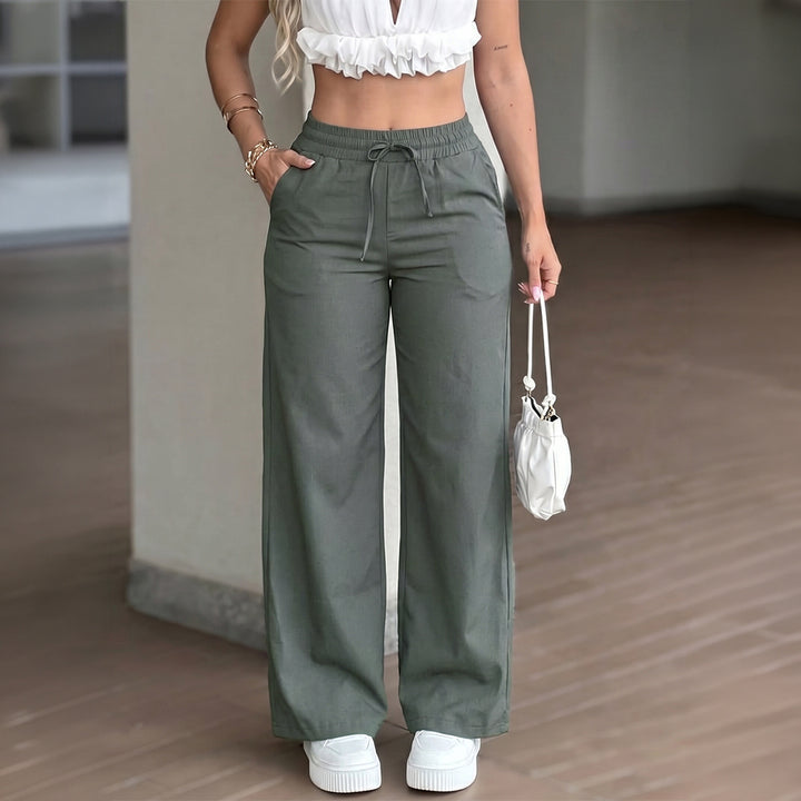 Damen nan weite High‑Waist Leinenhose mit elastischem Tunnelzugbund und Seitentaschen Drune