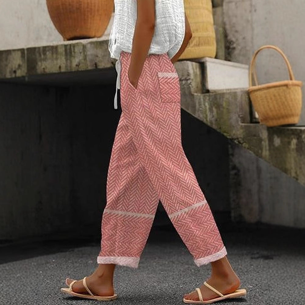 Damen Weite Leinenhose mit handgewebtem Muster Drune