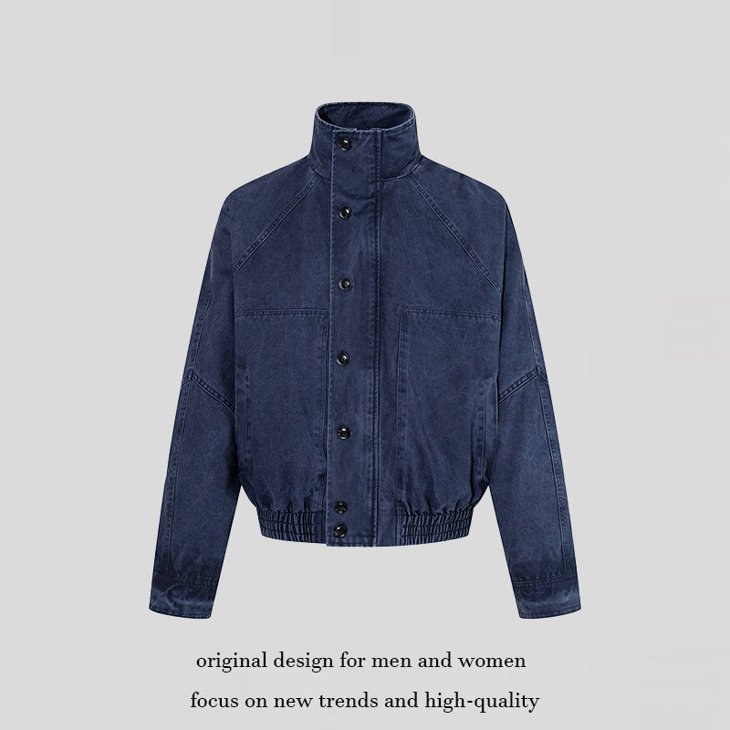 Damen kurze Oversize-Bomberjacke mit Stehkragen, Knopfleiste und elastischem Saum Drune