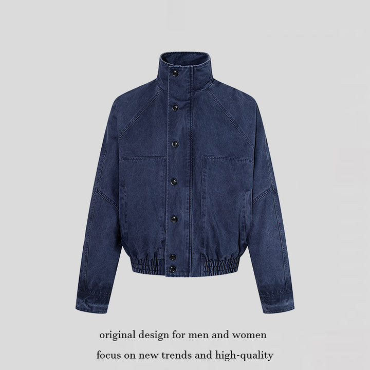 Damen kurze Oversize-Bomberjacke mit Stehkragen, Knopfleiste und elastischem Saum Drune