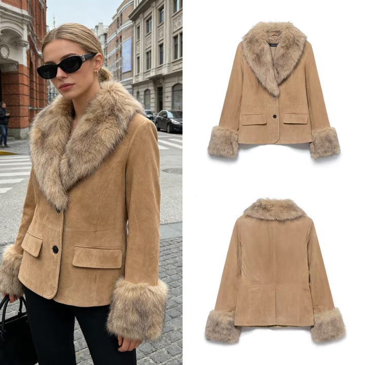 Damen kurze Wildlederjacke mit voluminärem Fellkragen und breiten Fellmanschetten Drune