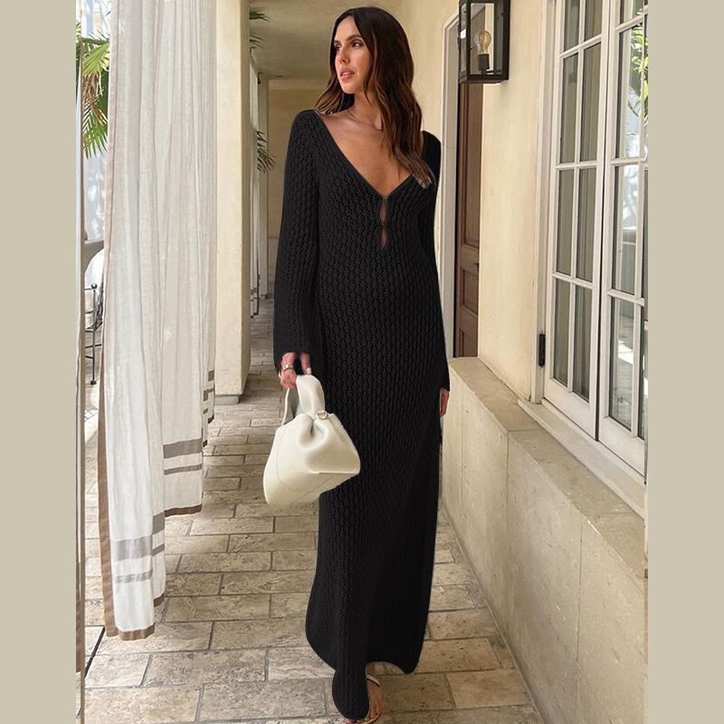 Damen elegantes Häkelkleid mit tiefem Ausschnitt Drune