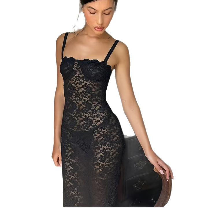 Damen Spitzen-Maxikleid mit verführerischem Schnitt und feinen Trägern Drune