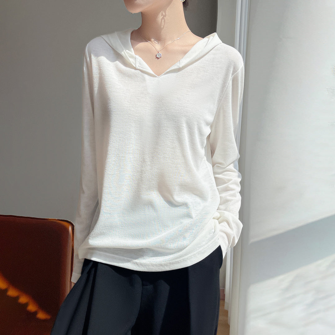 Damen Leichter Kapuzenpullover mit V‑Ausschnitt und feinem Jersey Drune