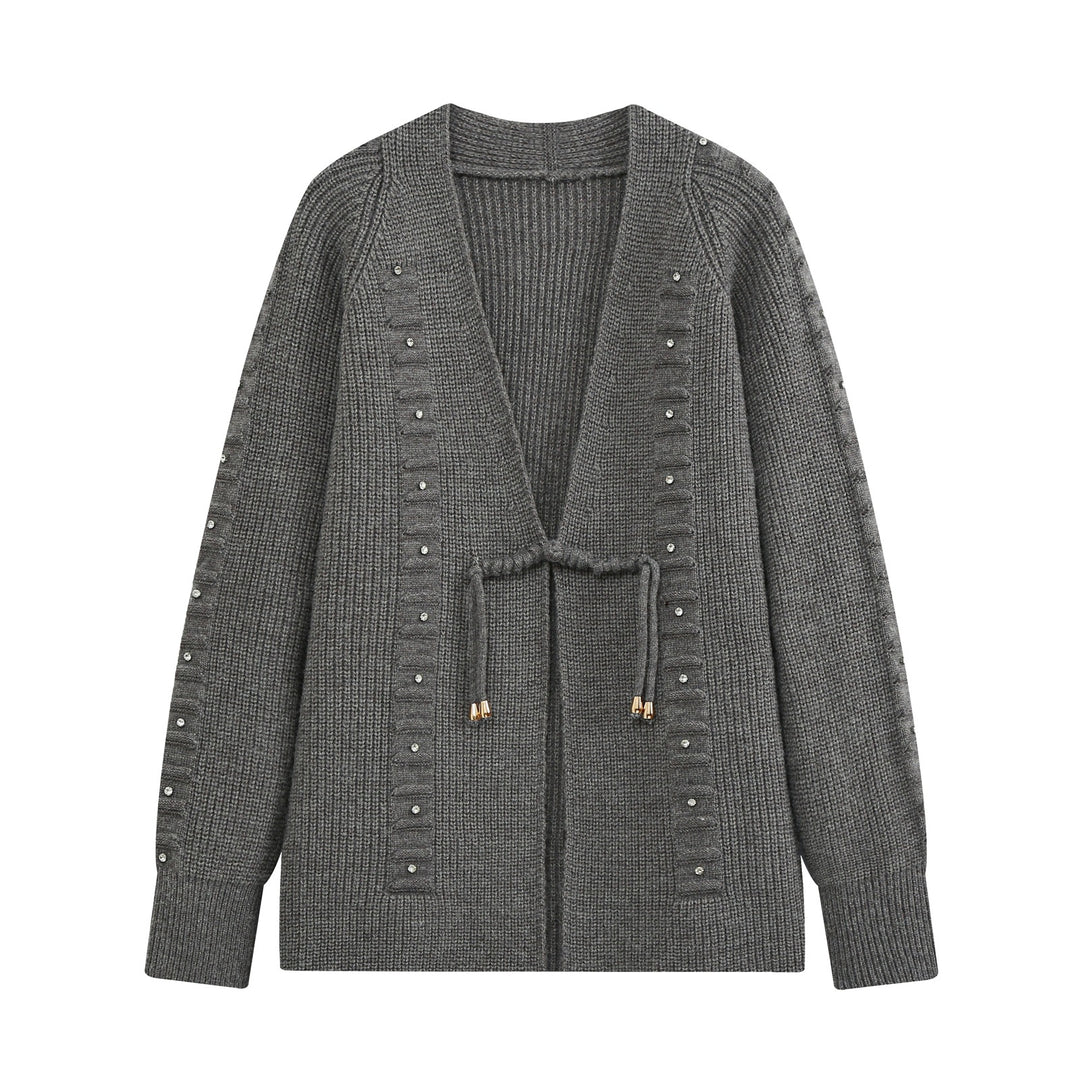 Damen Grobstrick-Cardigan mit Tunnelzug und Strassapplikation Drune