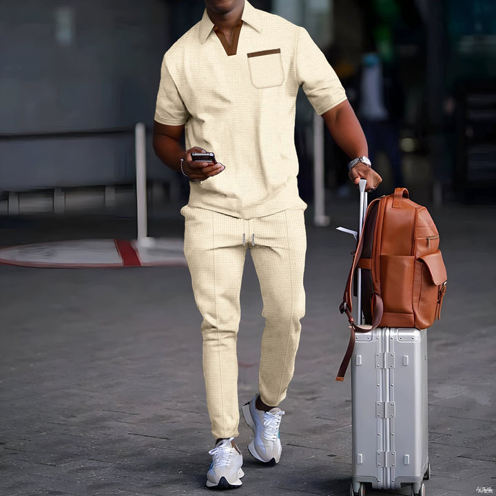 Herren nan lässiges Freizeitset aus elastischem Jersey mit V-Ausschnitt Brusttasche und Kordelbund Drune