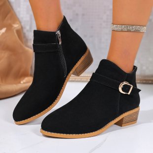 Damen Veloursleder-Ankle-Boots mit seitlichem Reißverschluss, Zier-Schnalle und niedrigem Blockabsatz Drune