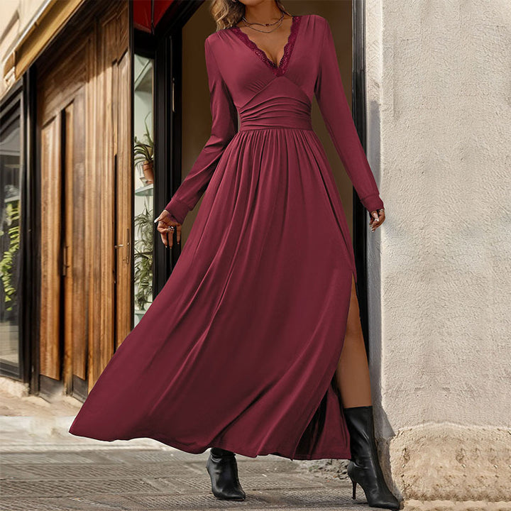 Damen Elegantes Maxikleid mit tiefem V-Ausschnitt und Rüschendetails Drune