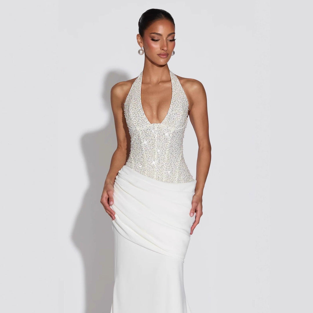 Damen Glamouröses Abendkleid mit tiefem V-Ausschnitt und dekorativen Pailletten Drune