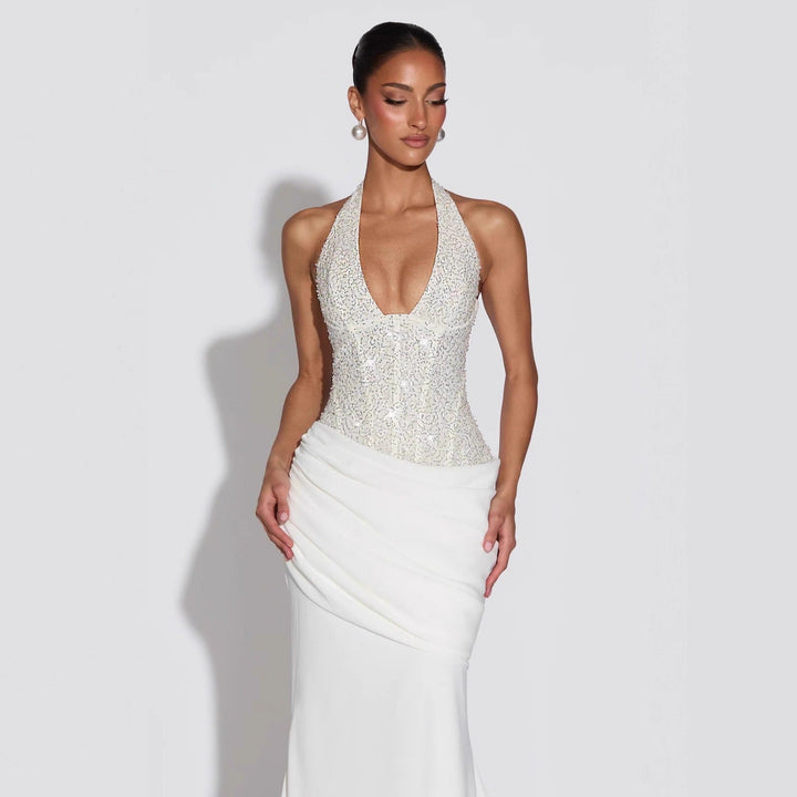Damen Glamouröses Abendkleid mit tiefem V-Ausschnitt und dekorativen Pailletten Drune