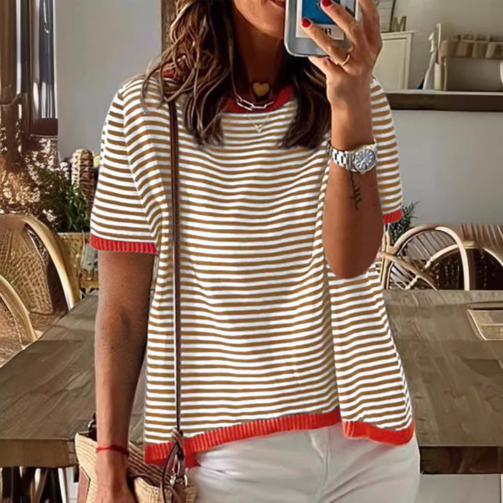 Damen gestreiftes Kurzarmshirt mit kontrastierenden Bündchen und weichem Material Drune