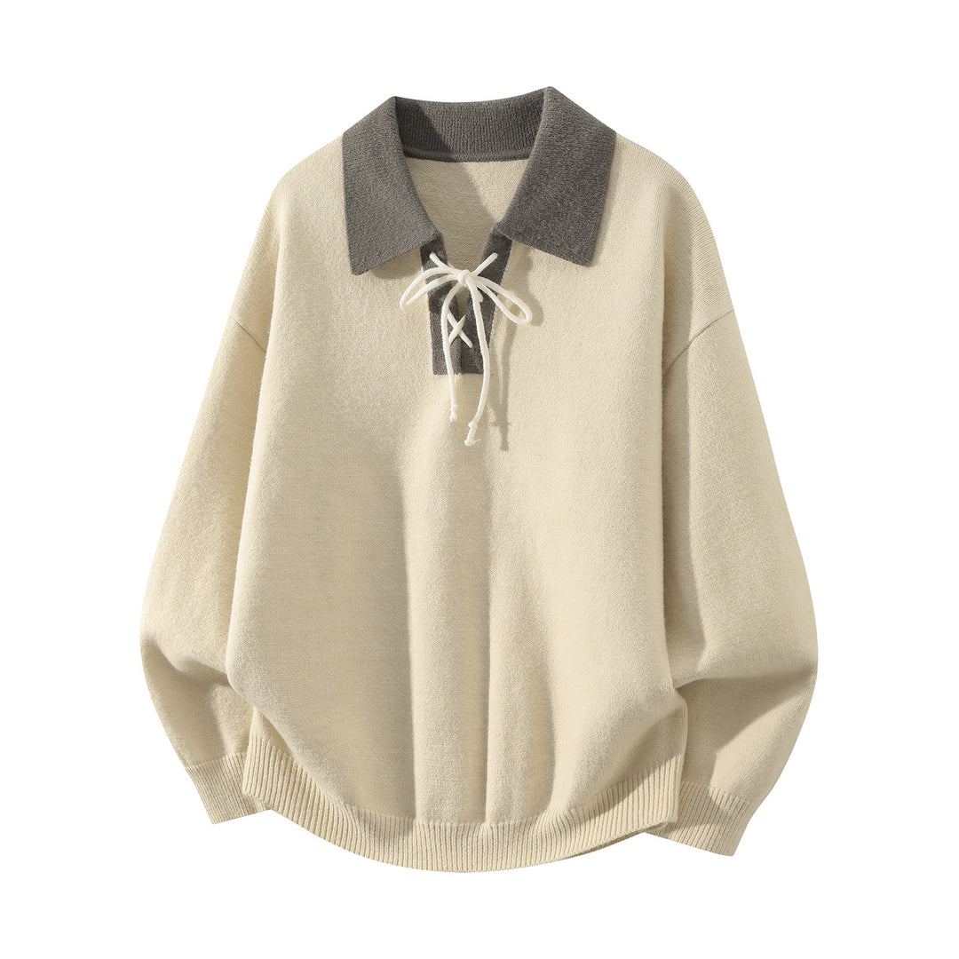 Herren Oversize Strickpullover mit Hemdkragen, Kordelhalsschließe & gerippten Abschlüssen Drune
