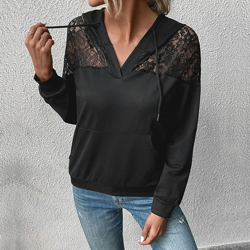 Damen Hoodie mit V-Ausschnitt, Spitzen-Schulterbesatz und Kängurutasche Drune