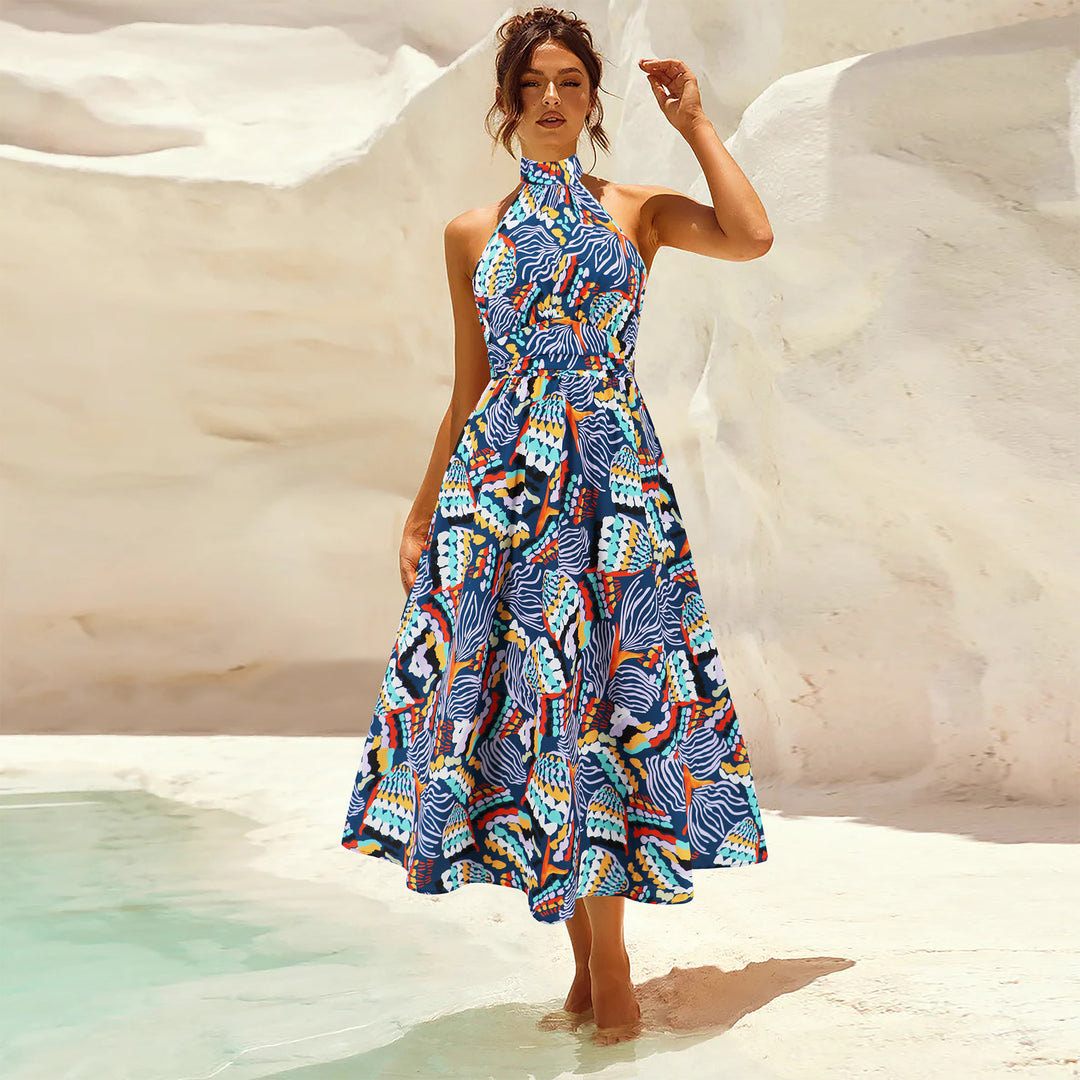 Damen Maxikleid mit hochgeschlossenem Kragen und buntem Blätterdruck Drune