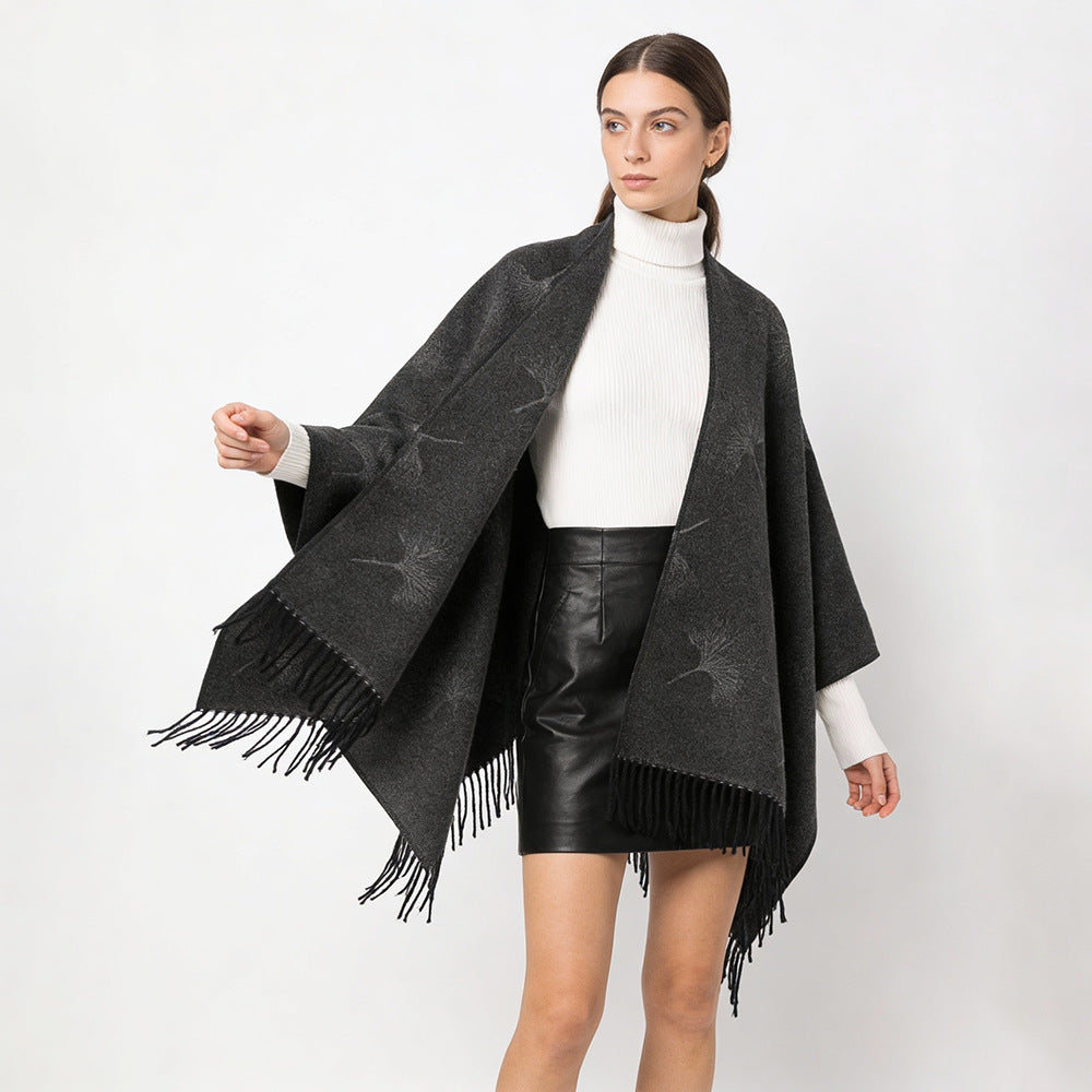 Damen Fransen-Capeponcho mit Pusteblumen-Jacquard und Oversize-Schnitt Drune