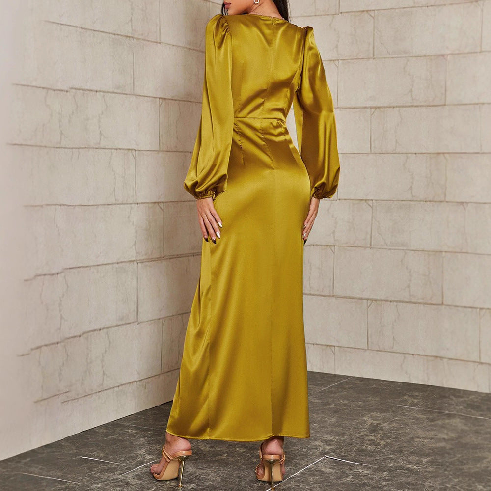 Damen Elegantes Maxikleid mit tiefem V-Ausschnitt und voluminösen Ärmeln Drune