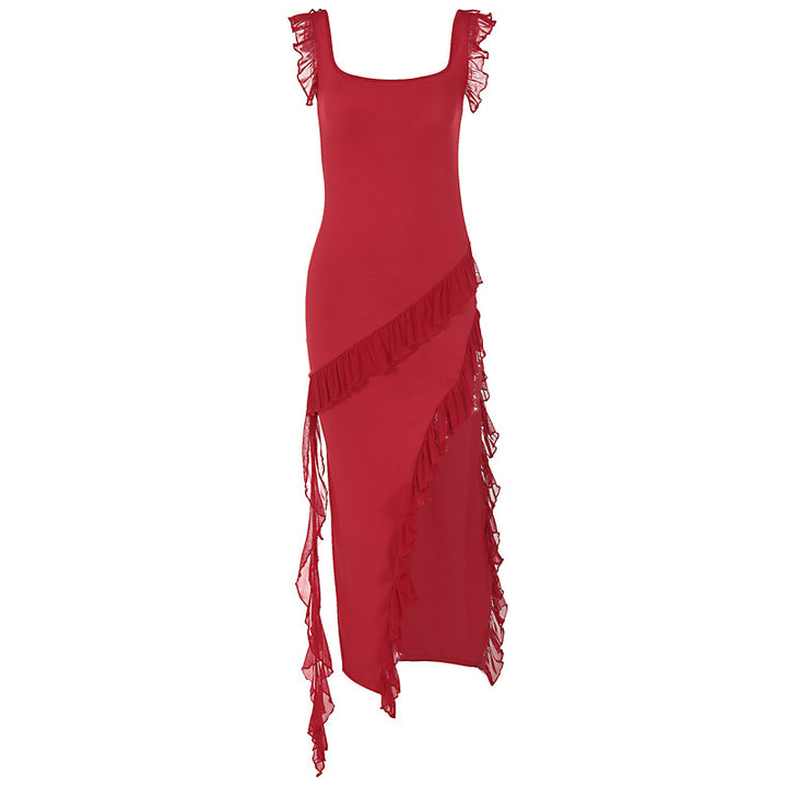 Damen asymmetrisches Maxi-Kleid mit Rüschendetails und hohem Schlitz Drune