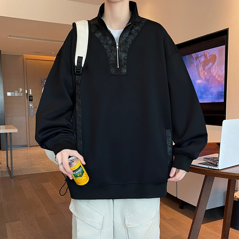 Herren Oversize Stehkragen-Halbzip-Sweatshirt mit Kängurutasche & Kontrast-Innenblende Drune
