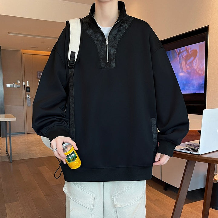 Herren Oversize Stehkragen-Halbzip-Sweatshirt mit Kängurutasche & Kontrast-Innenblende Drune