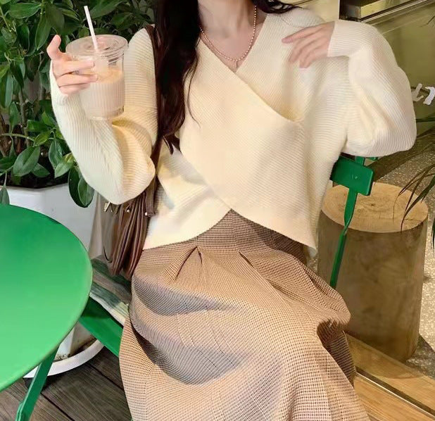 Damen stilvoller Wickelpullover mit innovativem Schnitt und breiten Ärmeln Drune