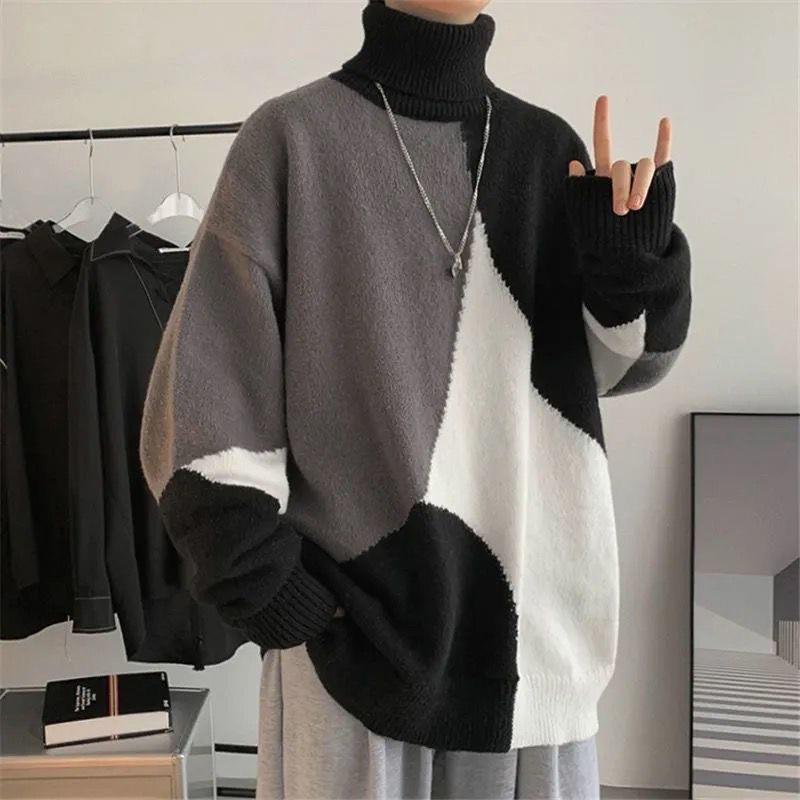 Herren Grobstrickpullover mit hohem Kragen und modernen Farbblocks Drune