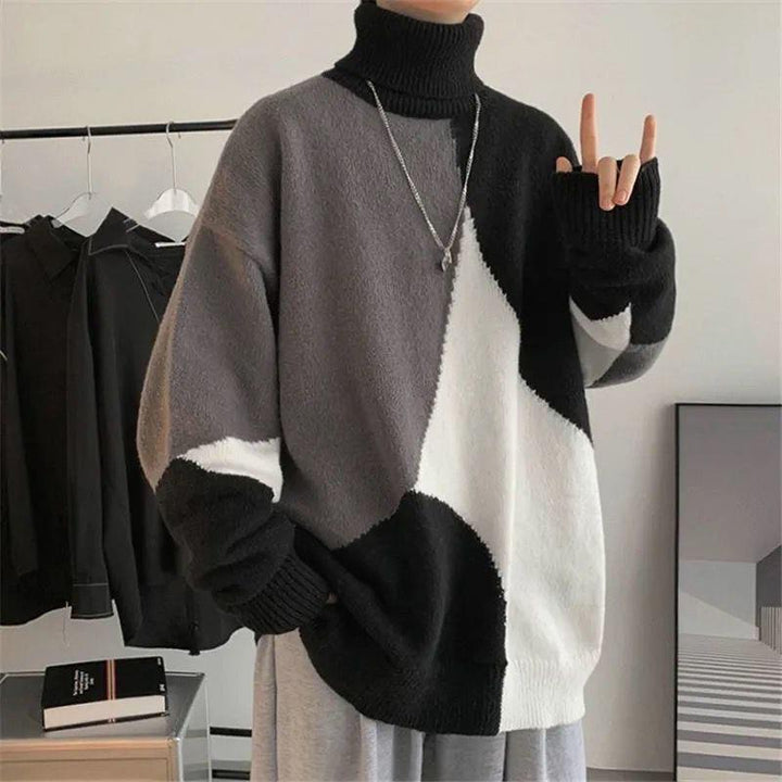Herren Grobstrickpullover mit hohem Kragen und modernen Farbblocks Drune