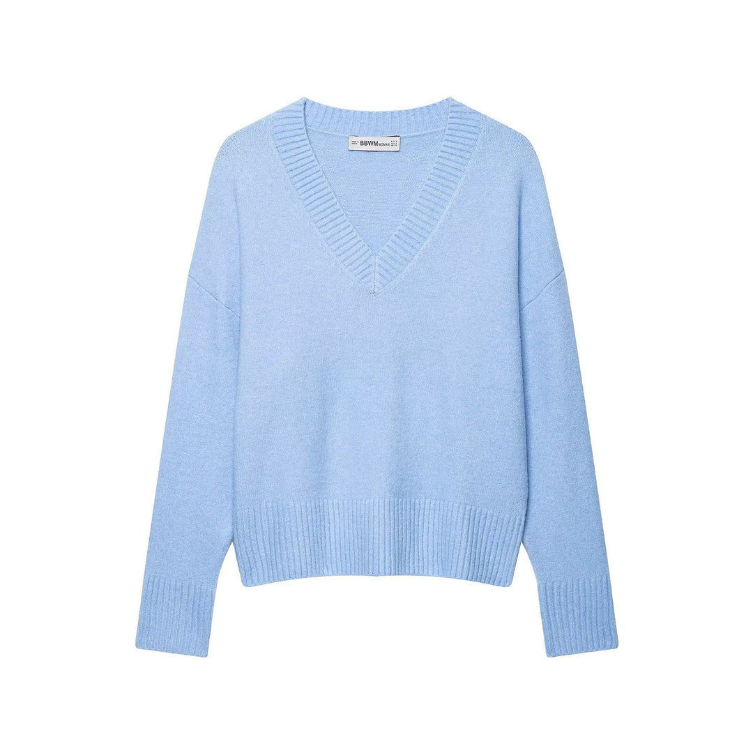 Damen Oversize V-Ausschnitt Strickpullover mit tiefem Fall und breitem Rippenbund Drune
