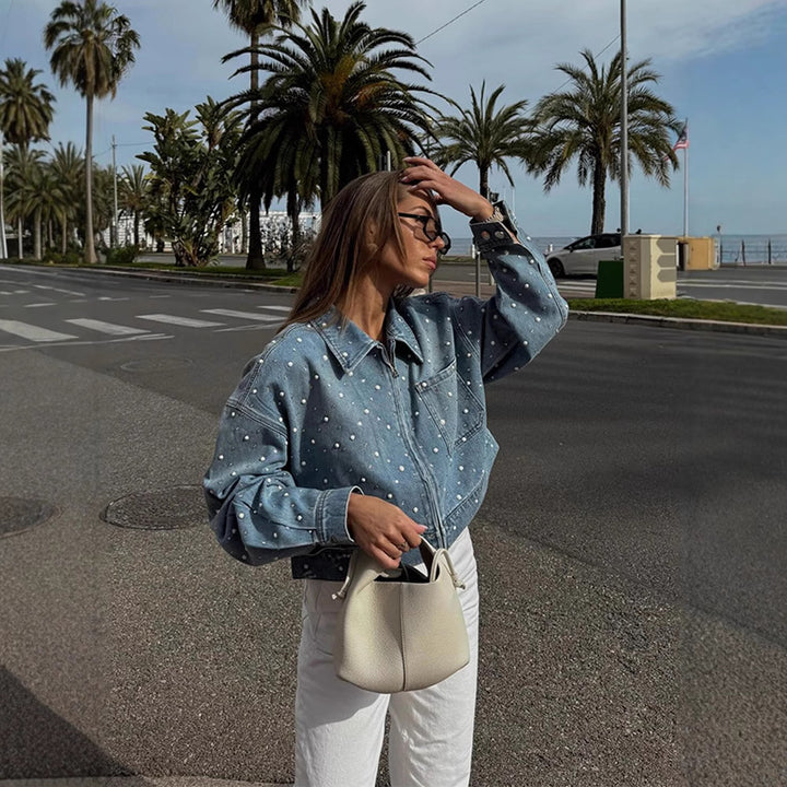 Damen Gekürzte Denim-Jacke mit Perlenbesatz und Oversize-Ärmeln Drune